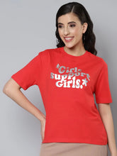 Women Red GIRL SUPPORT Silver Foil Regular T-shirt