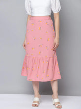 Women Pink Floral Frill Hem Skirt