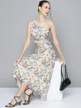 Women Off White Floral Asymmetric Pleated Skirt