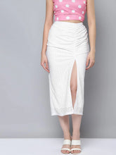 Women White Schiffli Side Ruched Skirt