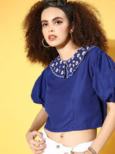 Women Royal Blue Embroidered Broad Collar Top
