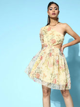 Women Beige Floral Mesh One Shoulder Frill Hem Dress