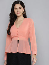 Women Powder Pink V-Neck Neck Peplum Top