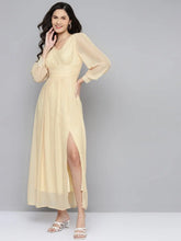 Women Beige V-Neck Maxi Dress
