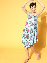 Women Blue Floral Strappy Poncho Dress