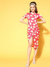 Women Fuchsia Floral Side Ruched Dress