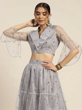 Women Steel Grey Tulle Sequins Notch Collar Crop Top