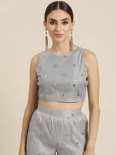 Women Steel Grey Tulle Sequins Sleeveless Crop Top
