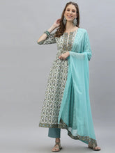 Women's Floral Printed Cotton AnarKali Kurta Pant Dupatta Set-SKYPEGGY-S
