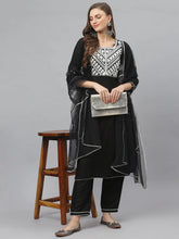 Women's Embroidered Rayon Straight Kurta Pant Dupatta Set-KPDITALYBLACK-S