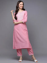 Silk Blend Pink Embroidered Straight Kurta With Trouser-VKSET1448_XS