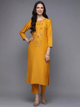 Silk Blend Yellow Embroidered Straight Kurta With Trouser-VKSET1450_XS