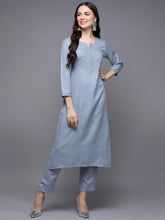 Silk Blend Blue Embroidered Straight Kurta With Trouser-VKSET1449_XS