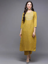 Silk Blend Yellow Embroidered Straight Kurta With Trouser-VKSET1456_XS