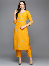 Cotton Blend Yellow Embroidered Straight Kurta With Trouser