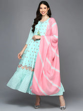 Cotton Blue Embroidered Flared Kurta With Dupatta