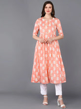 Cotton Peach Floral Printed Flared Kurta