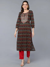 Cotton Black Ikat Printed Straight Kurta