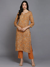 Viscose Rayon Orange Printed Straight Kurta