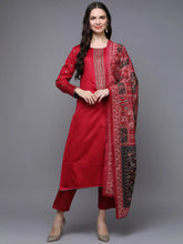 Cotton Red Embroidered Straight Kurta Pant With-VKSKD1950