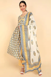 Cotton Floral Printed Kurta Trousers With-VKSKD1386