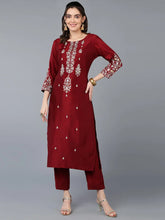 Silk Blend Maroon Embroidered Straight Kurta With-VKSET1413