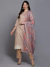 Cotton Beige Printed Straight Kurta Pant With-VKSKD1909