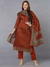 Burnt-Orange Cotton Straight Kurta Pant With Dupatta-VKSKD1797