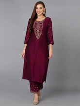 Silk Blend Wine Embroidered Kurta With Pant-VKSET1428