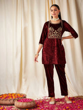 Women Maroon Velvet Embroidered Yoke Short Kurta