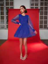 Women Royal Blue Embellished Mesh Net Skater Dress