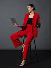 Women Red Front Button Blazer With Straight Pants