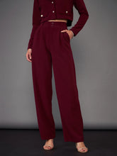 Women Burgundy Pleated Straight Pants