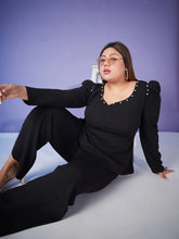 Women Black Pearl Peplum Top With Bell Bottom Pants