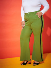 Women Green Side Tape Detail Straight Pants