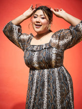 Women Brown Snake Lurex Frill Detail Dress