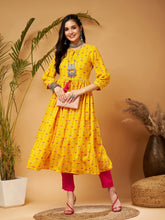 Women Yellow Floral Bishop Sleeves Tie-Up Kurta