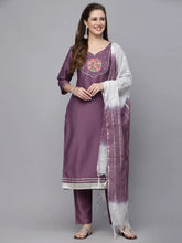 Women's Embroidered Chinnon Straight Kurta Pant Dupatta Set