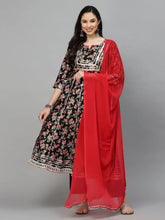 Women's Floral Printed Rayon Anarkali Kurta Pant Dupatta Set-KPDBLACKORCHID36