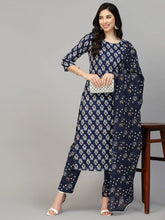 Women's Printed Rayon Kurta Pant Dupatta Set-KPDTUFFYNAVY36