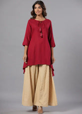 Women Fuchsia Rayon Solid Asymmetric Kurta