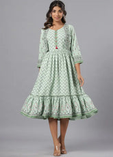 Women Sage Green Rayon Printed Jacket Style Midi Dress