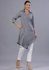 Women Blue Rayon Printed Asymmetric Kurta