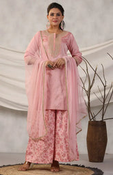Women Peach Embroidered Kurta, Pants and Dupatta Set