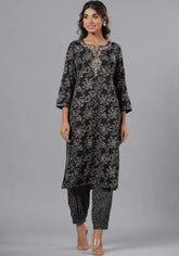 Women Black Rayon Slub Printed with Embroidered Kurta and Pants Set