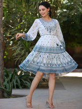 Women Off-White Georgette Printed Short Tiered Dress with Embroidered Yoke