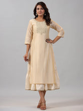 Women Gold Chanderi Printed Layered Maxi Dress with Embroidered Yoke