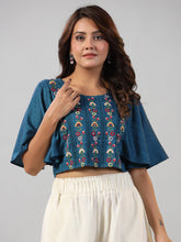 Women Blue Rayon Embroidered Crop Top