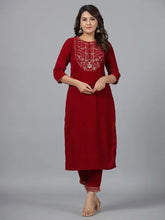 Women Maroon Velvet Embroidered Kurta & Pants Set