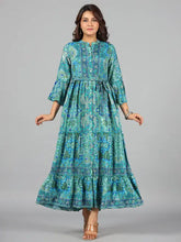 Women Blue Kasturi Silk Printed Tiered Maxi Dress